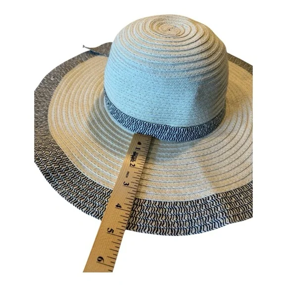 World Market Wide Brim Straw Hat with Blue‎ Trim and Bow With Button Style - Picture 6 of 15